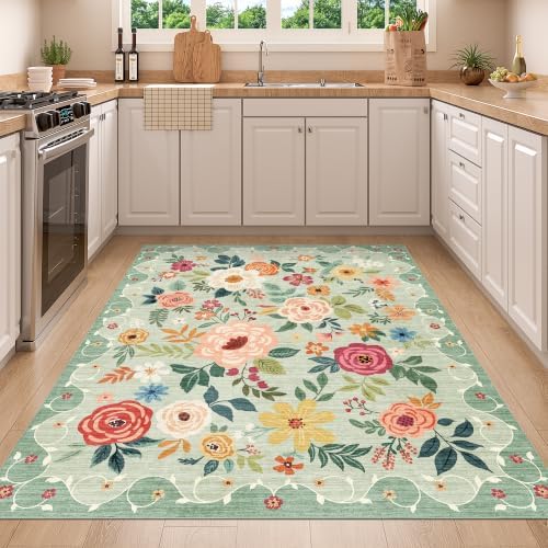 DUKINO 4x5 Area Rug for Entryway, Soft Floral Washable Rug Non Slip, Green - Image 4