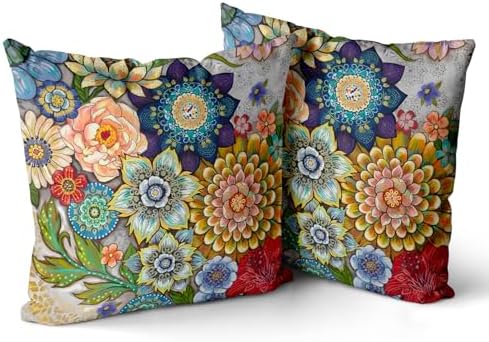 Snycler Boho Floral Throw Pillow Covers Set of 2 Colorful Boho Flower Decorative Cushions Pillowcase for Bedroom Sofa Home Decor, 18x18 Inch, Velvet, Short Plush by Snycler
