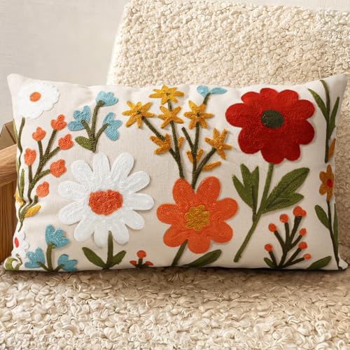 Embroidered Lumbar Pillow Cover 20x12 Inch, Flower Cluster by Kokaaee