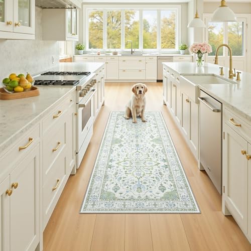 RELEANY Washable Area Rug, Runner 2'x5', Green/White/Blue - Image 2