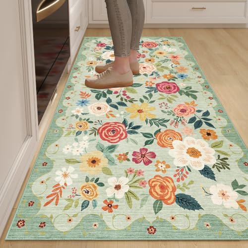 DUKINO 3x6 Runner Rug, Non Slip Floral Washable Rug for Kitchen, Green by DUKINO