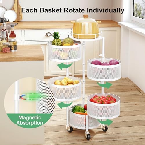 SAYZH 5 Tier Fruit Vegetable Basket Stand for Kitchen, Rotating, White - Image 2