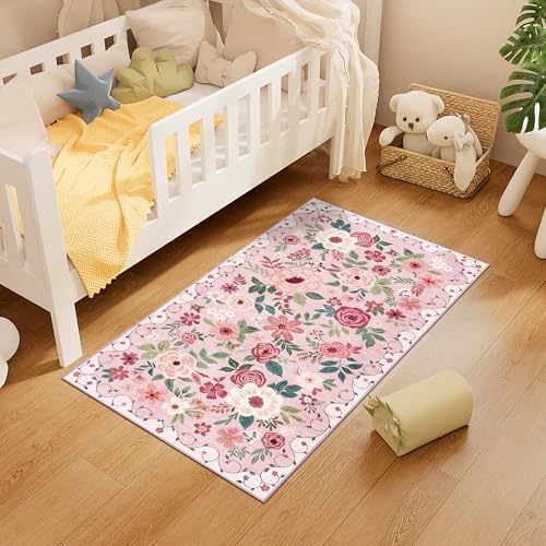 DUKINO 2x4 Entryway Rug, Floral Washable Kitchen Rugs Non Slip, Pink - Image 4