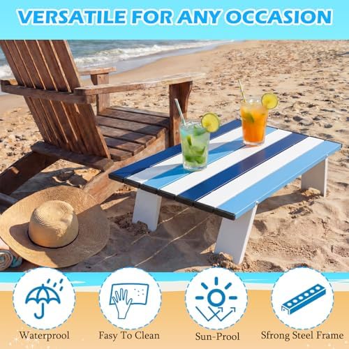 CroBlissful Beach Table Folding Camping Portable Table Striped White Aluminum Side with Carry Bag for Summer Camping Picnics and Outdoor Activities(22x16x5 in,Navy Blue) - Image 3