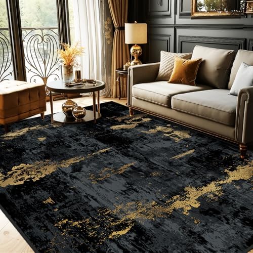 RELEANY Washable 10'x12' Abstract Area Rug for Living Room Black Gold by RELEANY