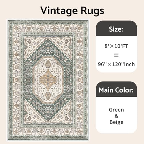 8x10 Washable Area Rug for Living Room - Non-Slip Vintage Rugs Green Beige - Image 6