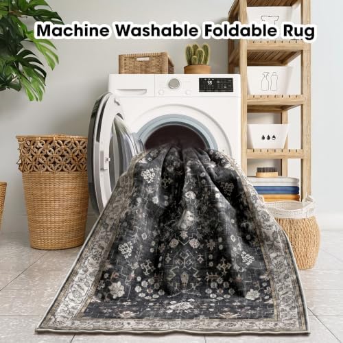 Washable 8x10 Area Rug, Distressed Persian-Style Geometric Floral Rug - Image 6
