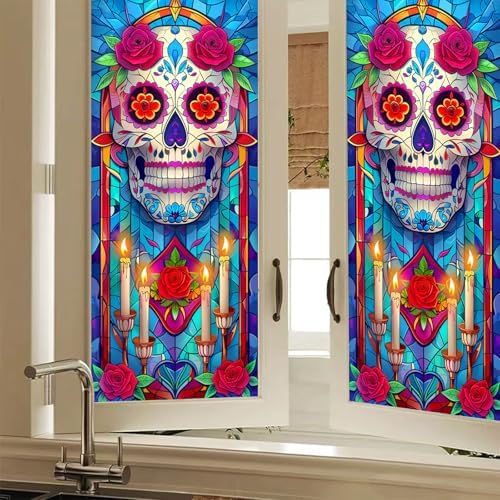 HOMETITUTE Day Dead Skull Flowers Privacy Window Cling 17.7x39.3 PVC by HOMETITUTE