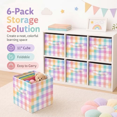 Chunful 6 Pcs 11 Inch Fabric Cube Storage Bin Collapsible, Rainbow Plaid - Image 6