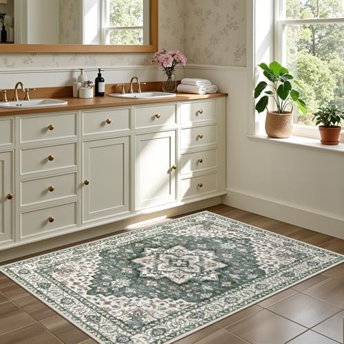 2x3 Area Rugs Living Room: Washable Rug for Bedroom Green Ivory - Image 4