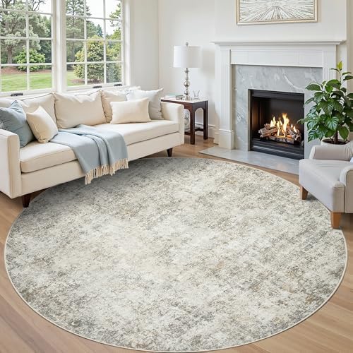 Aelenmu Round Rug 8ft Washable Rug for Dining Room Living Room Beige Brown by Aelenmu
