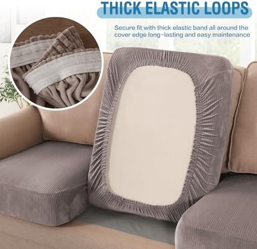 H.VERSAILTEX Velvet Stretch Couch Cushion Cover Plush Cushion Slipcover for Chair Loveseat Sofa Cushion Furniture Protector Seat Cushion Sofa Cover (3 Piece XL Sofa Cushion Covers, Taupe Striped) - Image 6