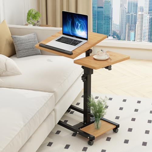 TigerDad Mobile Adjustable Height Laptop Stand PC Computer Portable Notebook Swivel Laptop Desk Rolling Table Desk Cart Tiltable with Wheels Casters& Mouse Pad Table (Wood) by TigerDad
