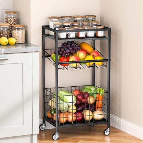 Fruit Vegetable Cart, 3-Tier Snack Cart on Wheels & Wood Top, Black by Kssiaz