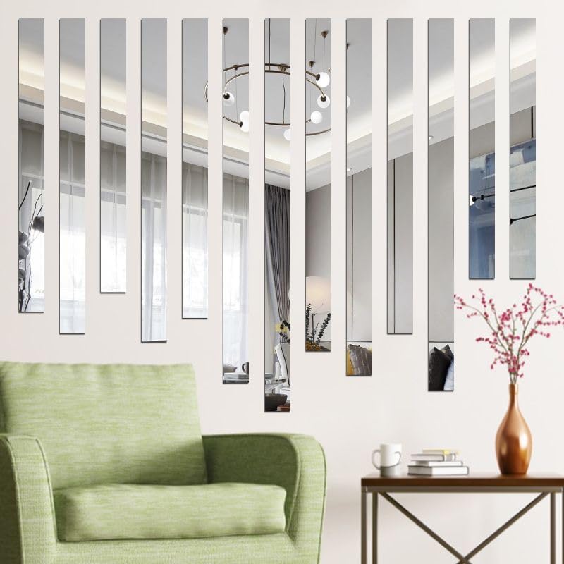 20 Pcs Mirror Wall Stickers Striped Design Mirror Art Tile Decal DIY Self Adhesive Wall Line Border Decals Removable Acrylic Mirror Wall Stickers and Murals for Home Decor 5 * 20cm (Sliver&Gold - Image 2