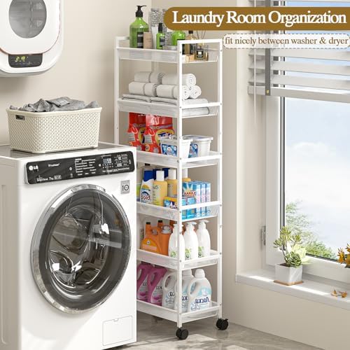 6 Tier Slim Rolling Storage Cart, Narrow Mobile Shelving Unit Organizer Utility Cart with Wheels, Metal Wire Storage Rack with Baskets for Kitchen, Bathroom, Laundry & Living Room, 10in(W) White - Image 5