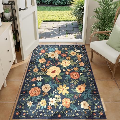 DUKINO 3x4 Area Rug, Floral Washable Rug for Kitchen Non Slip, Navy Blue - Image 2
