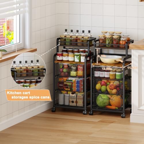 Kitchen Storage Cart with Wheels, Fruit Vegetable Spice Kitchen Rolling Cart, 4 Tier Pantry Organizer and Storage Cart with Drawer, Wooden Top Kitchen Organizer Rack Stand for Onion Potato Can Snack - Image 3