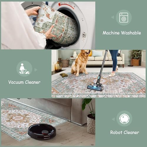 Moynesa Ultra-Thin Washable Area Rug 8x10, Large Living Room Rugs for Bedroom Under Dining Room Table, Vintage Oriental Medallion Printed Low Pile Carpet for Home Office Decor, Beige/Gold - Image 4
