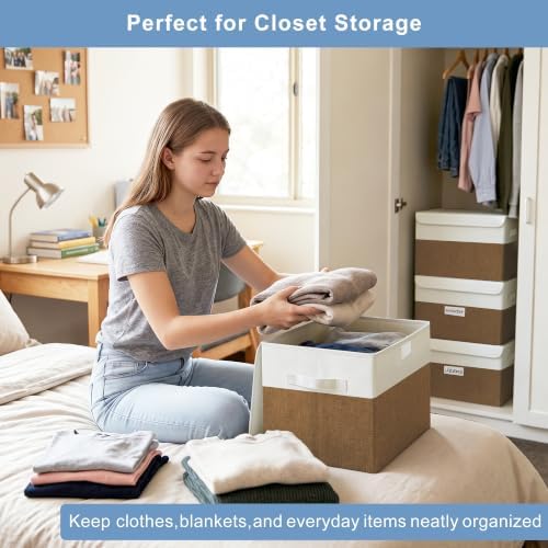 Bagnizer Large 22 Quart Linen Fabric Foldable Storage Bin Cube Organizer Basket with Flip-Top Lid & Handles, Clothes Blanket Box for Home, Office, Closet, Brown & White, 4 Pack 14.6 x 9.5 x 9.5 - Image 3