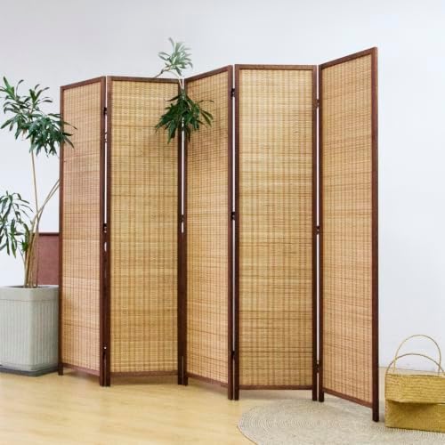 5 Panel Bamboo Room Divider Screen,5.6 FT Tall Bamboo Divider Folding Privacy Screen,Freestanding Panel Divider for Room Seperation,Brown by PawlaBay
