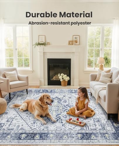 AMADA HOMEFURNISHING Washable Area Rug, Low-Profile Large Area Rug with Non-Slip Backing & Durable Edge Binding, Vintage Large Rugs for Living Room, Bedroom, Dinning Room, 8x10, Navy Blue/White - Image 4