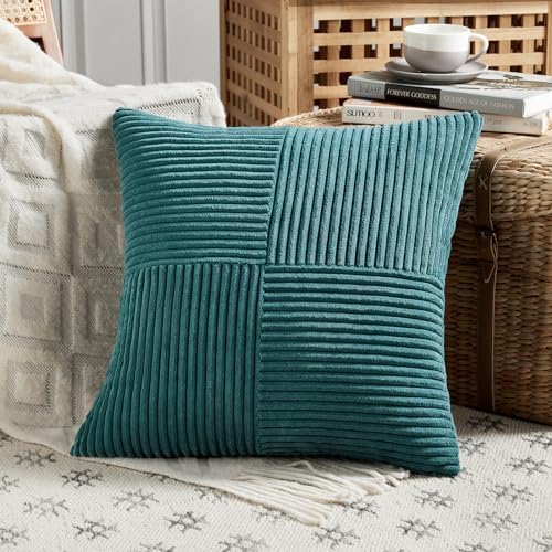 Fancy Homi 2 Packs Teal Big Decorative Throw Pillow Covers 24x24 Inch for Living Room Couch Bed, Rustic Farmhouse Boho Home Decor, Soft Corss Corduroy Patchwork Accent Square Cushion Case 60x60 cm - Image 2