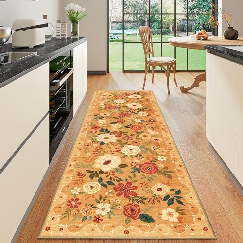 DUKINO 2x10 Runner Rug, Floral Washable Kitchen Runner Rug Non Slip, Orange by DUKINO
