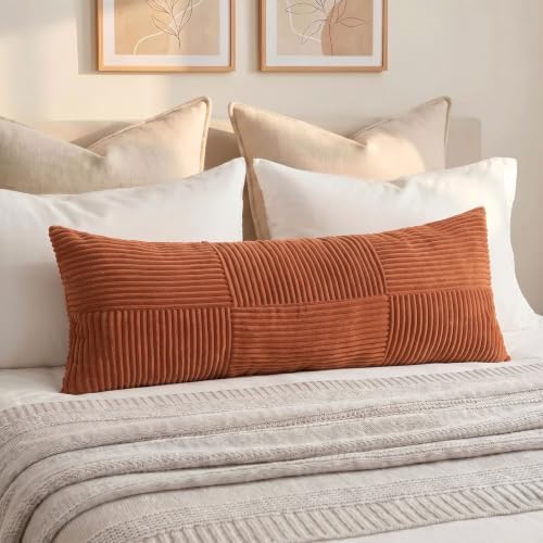 Fancy Homi Set of 2 Rust Boho Long Lumbar Body Decorative Throw Pillow Cover 14x36 Inch for Bed Couch Bedroom Bench, Soft Patchwork Corduroy Textured Pillow Case, Rustic Farmhouse Room Décor - Image 7