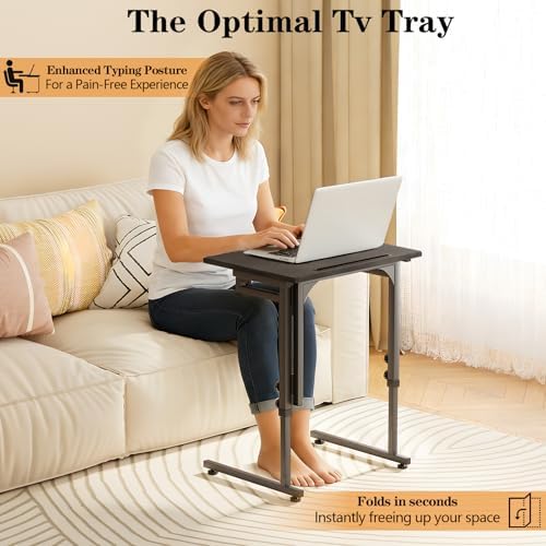 Adjustable Height Tv Tray Table,Portable Folding Tv Tray Dinner Snack Trays Table,Small Foldable C-Shaped End Table for Eating,Slide Under Couch Side with Sturdy MDF Top,No Assembly(Black+Black) - Image 3