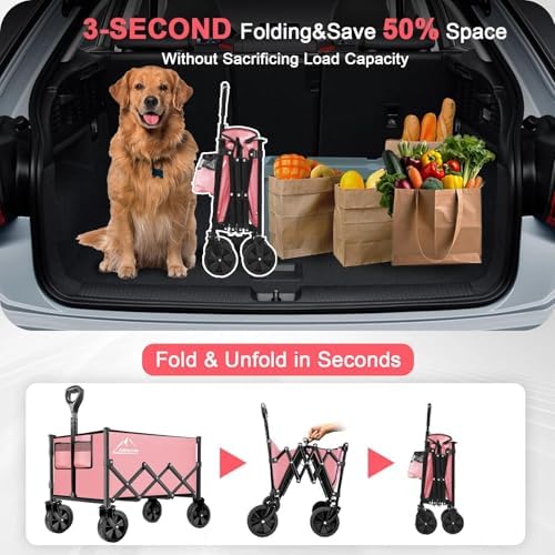 AMNOW 100L Collapsible Wagon Cart with All Terrain Wheels, 350LBS, Pink - Image 7