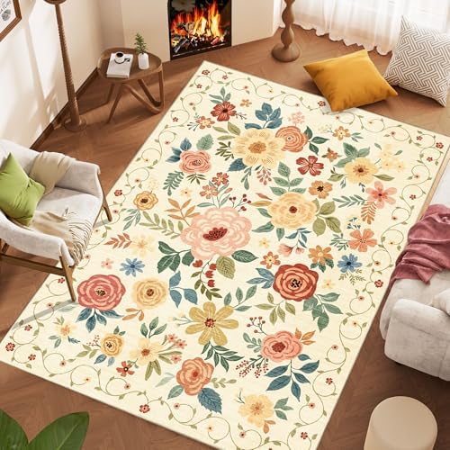 DUKINO 9x12 Area Rug for Living Room, Washable Rug Non Slip, Beige Yellow - Image 3