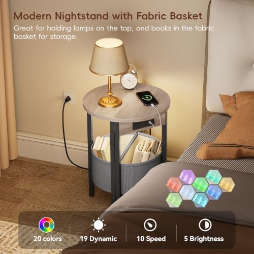 Vagusicc Round Side Table with Charging Station, Round End Table with Fabric Basket, Accent Table Coffee Table, Set of 2 Half Moon Tables, Bedside Table, Modern LED Nightstand for Living Room, Grey - Image 5