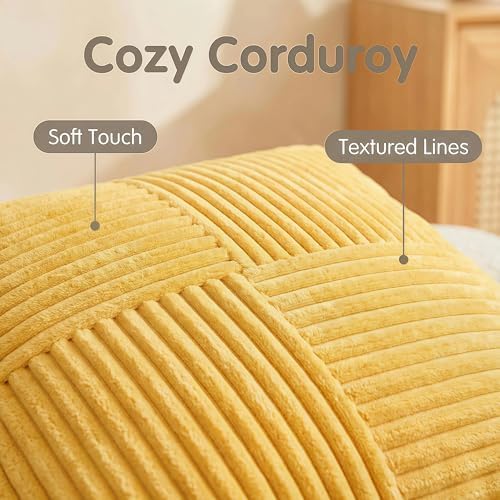 Fancy Homi 2 Packs Yellow Euro Decorative Throw Pillow Covers 26x26 Inch for Couch Bed Sofa, Rustic Farmhouse Boho Home Decor, Soft Corss Corduroy Patchwork Textured Square Cushion Case 66x66 cm - Image 4