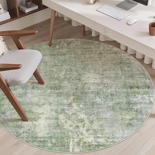 Soalmost Abstract 5x5 Round Rug 5ft Circle Living Room Rugs, Green/Ivory - Image 3