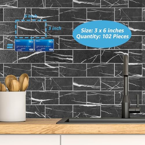 Art3d 102-Pack Peel and Stick Backsplash on Subway Tile, Black Marble - Image 3