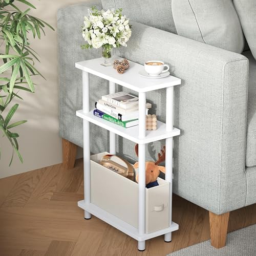 Apicizon Narrow Side Table with Fabric Basket, 3-Tier End Table, White by APICIZON