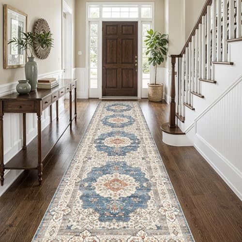 Ksrau 3x12 Runner Rug Washable Vintage: Non Slip Hallway Runners Blue/Beige by Ksrau