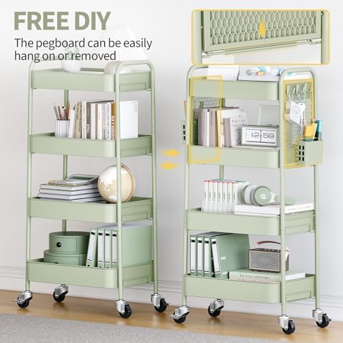 TOOLF 4 Tier Rolling Cart, Metal Utility Storage Cart with Pegboard, Green | 2 Bins & 4 Hooks, Screwless Assembly, Lockable Wheels, Trolley Organizer for Bathroom, Kitchen, Office, Dorm, Craft Room - Image 3