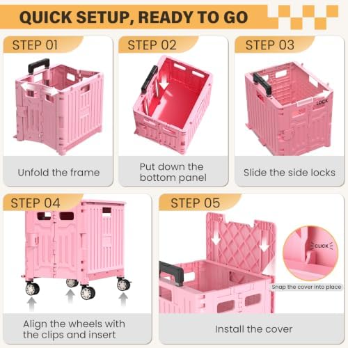 SUNALLY Folding Utility Cart Rolling Crate Handcart Shopping Trolley, Pink - Image 7