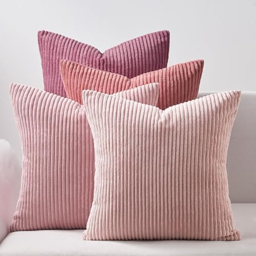 Topfinel Pink Throw Pillow Covers 12x12 Inch Set of 4,Soft Farmhouse Corduroy Decorative Cushion Cover,Square Cute Pillow Case for Gril's Bedroom Couch Sofa Living Room,Spring Series Home Decor by Topfinel