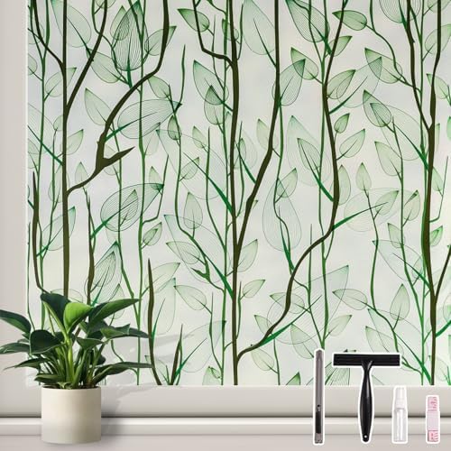 Donox Frosted Glass Window Film Heat Control UV Blocking, Static Cling Reusable Home Bathroom Door Window Privacy Film, Green Leaf Pattern Window Covering with Installation Tool, 35.4 in x 6.5 feet by Donox