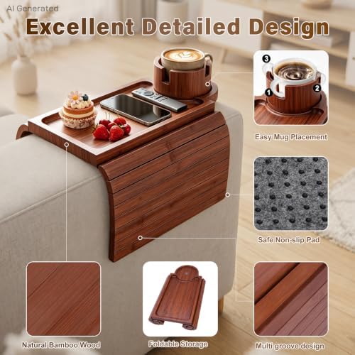 Bamboo Couch Arm Tray, 3 in1 Couch Armrest Table, Armrest Tray, Walnut - Image 6