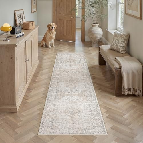 3x8 Washable Runner Rug Beige Grey Non Slip Vintage Carpet by WondRg