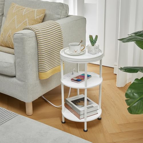Small Round End Table with Charging Station, 3-Tier Accent Couch Beside Table with USB Ports & Power Outlets, Sofa Side Table for Living Room Small Nightstand Bedroom (USB Charger, White) - Image 2