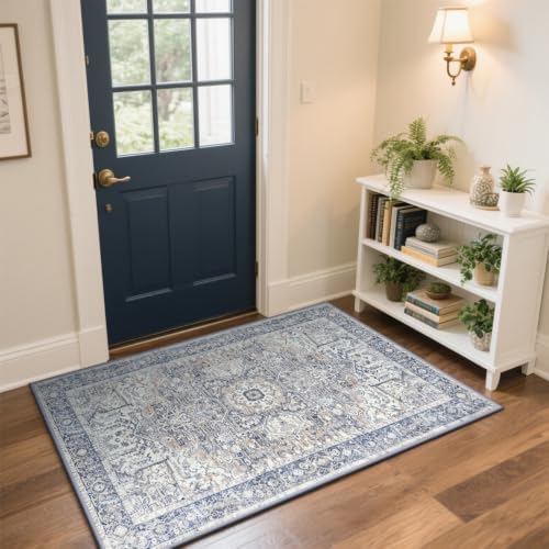 Hanples 2x3 Washable Rugs for Entryway, Vintage Floral Door Mat, Blue - Image 5