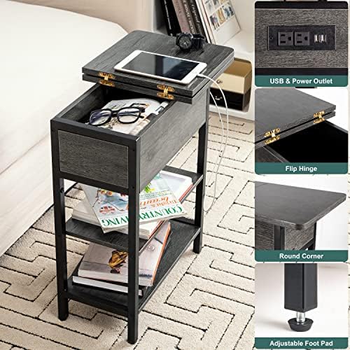 Yoobure End Table with Charging Station, Flip Top Side Table with USB Ports and Outlets, Sofa Couch Table Bedside Table for Living Room Bedroom, Narrow Nightstand with Storage Shelves for Small Space - Image 5