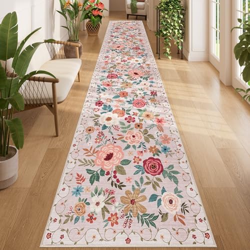 DUKINO 2.6x14 Washable Runner Rug, Floral Non Slip Long Runner Rug, Beige by DUKINO
