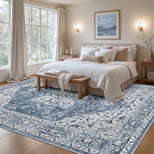 9x12 Area Rugs Living Room: Washable Vintage Rug for Bedroom Blue - Image 4