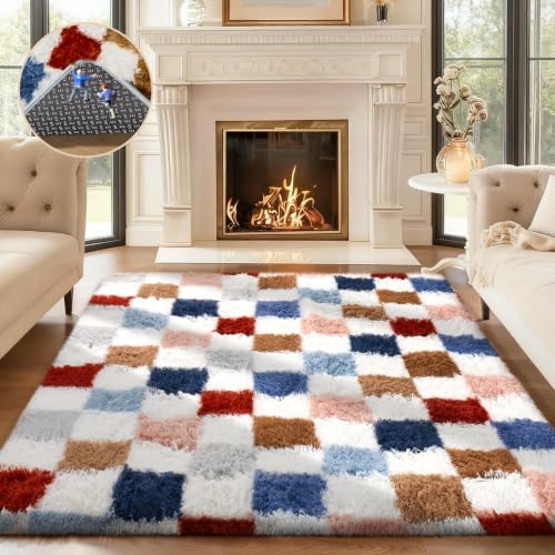 Ophanie Checkered Rainbow Rug for Living Room Bedroom,Colorful Fluffy Soft Cute Fuzzy Area Rugs,Shag Plush Shaggy Bedside Floor 4x6 Furry Carpet Kids Baby Teen Dorm Decor with Over 99 pcs Pile fibers by Ophanie